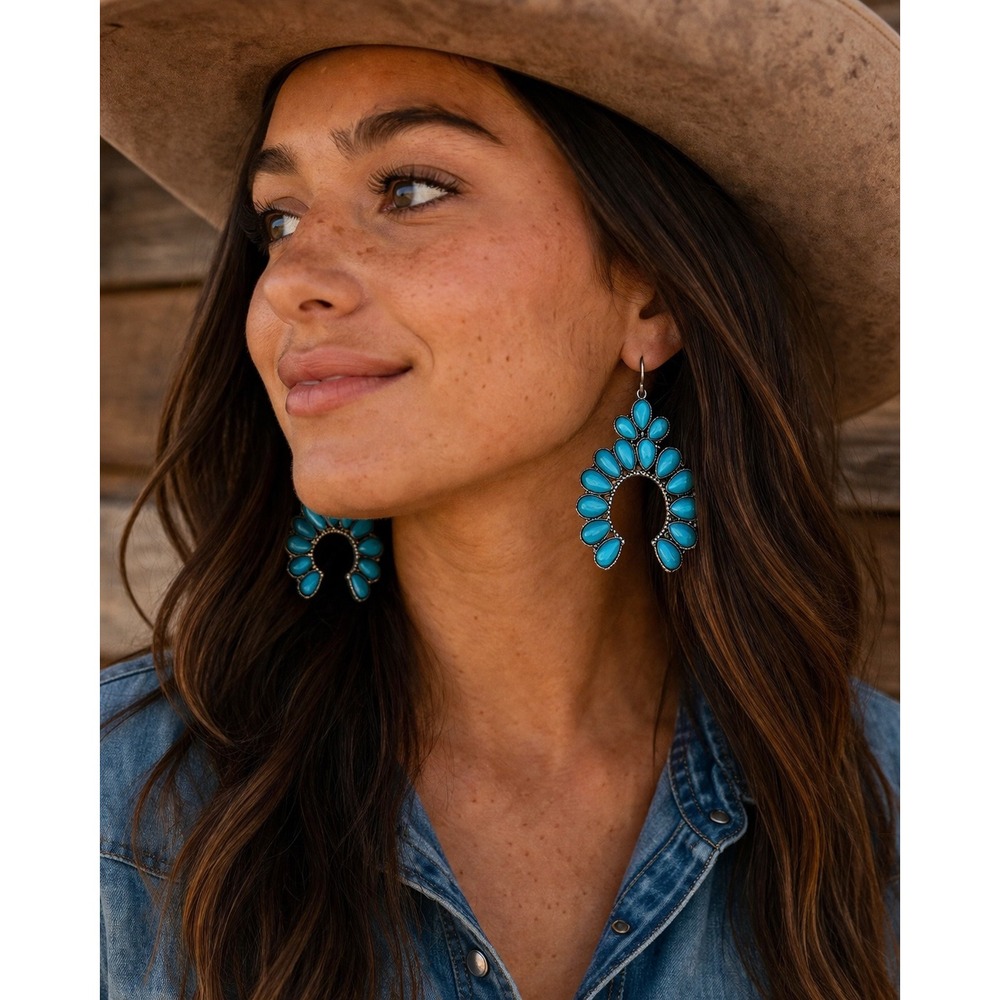 Racked Threads Earrings Women
Turquoise Squash Blossom Naja Southern Boho New